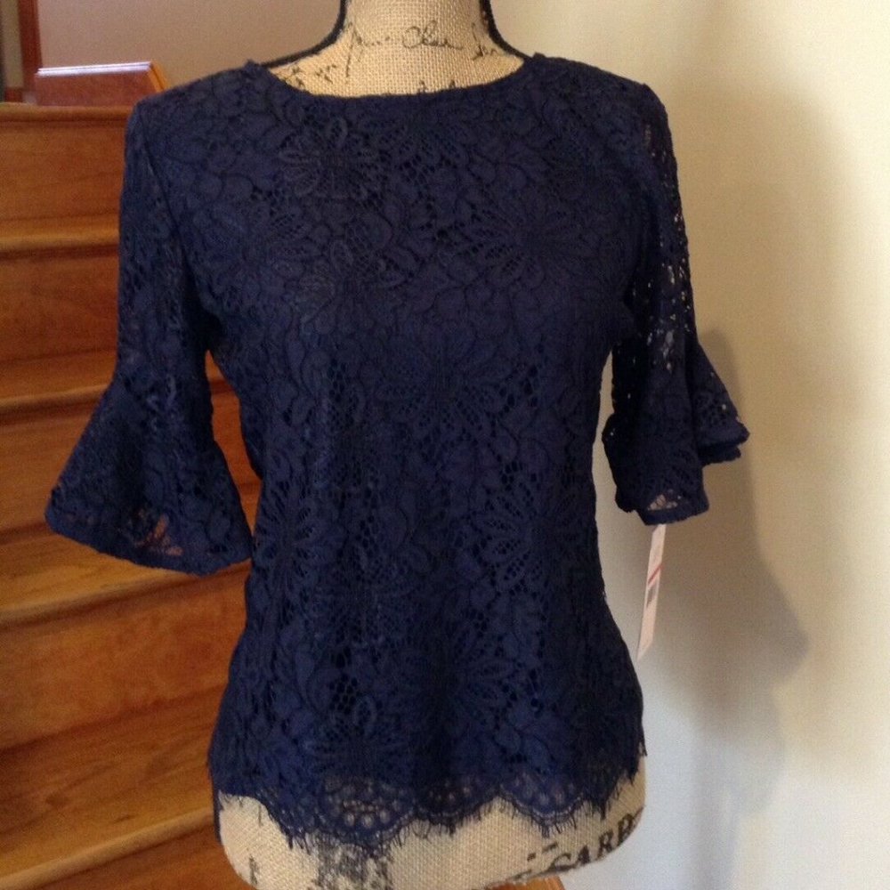 Nanette Lepore Navy Lace 3/4 bell sleeve Top XS